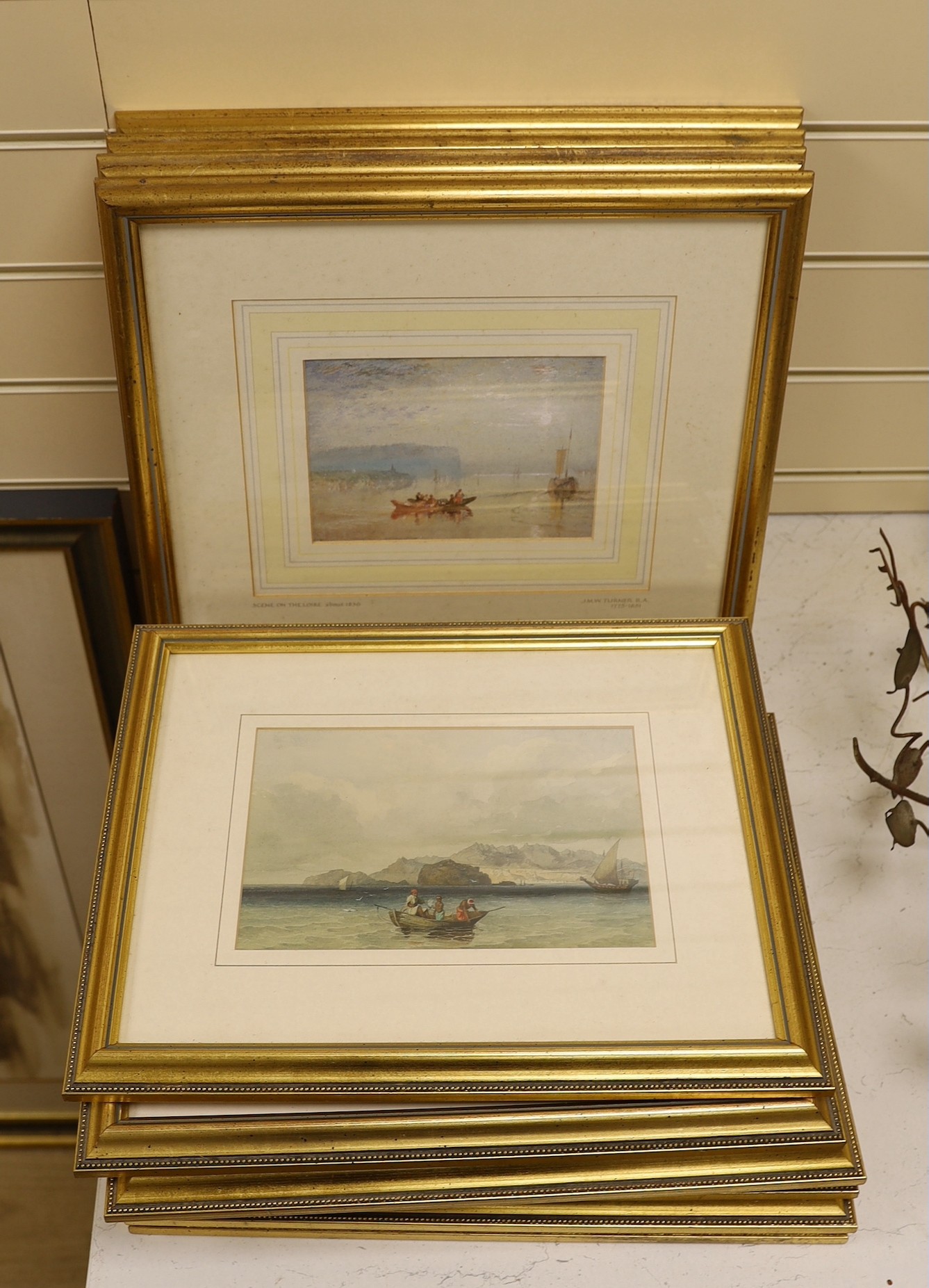 After Henry Fitzcook, six colour prints, 'The overland route to India', together with four colour prints after Turner, largest 15 x 23cm